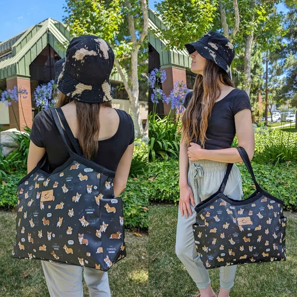 Waterproof Corgi & Coffee Trapeze Tote Shoulder Bag Cute Handmade Dog Pattern - Picture 4 of 9